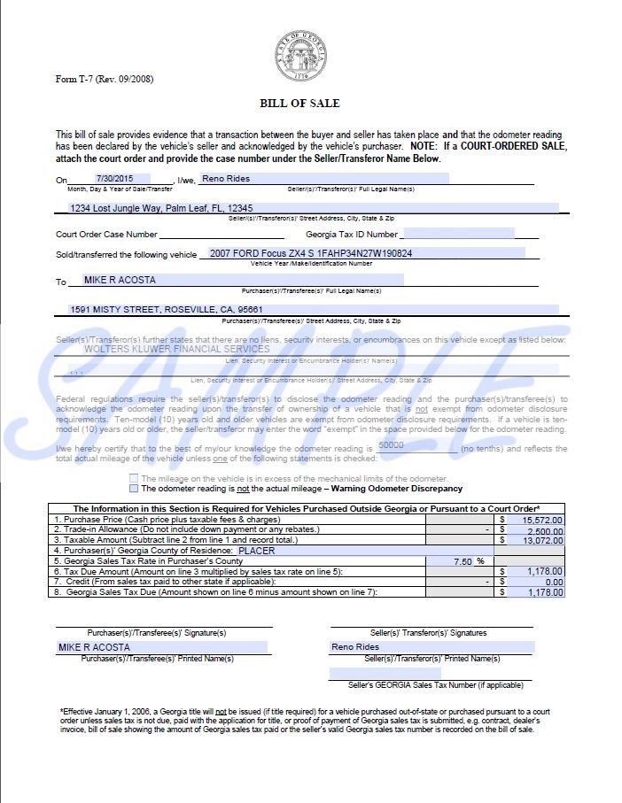 How to write bill of sale car