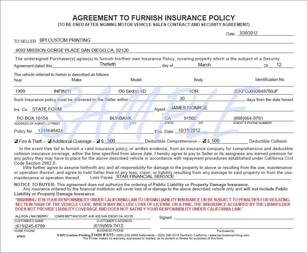 Free security agreement form vehicle